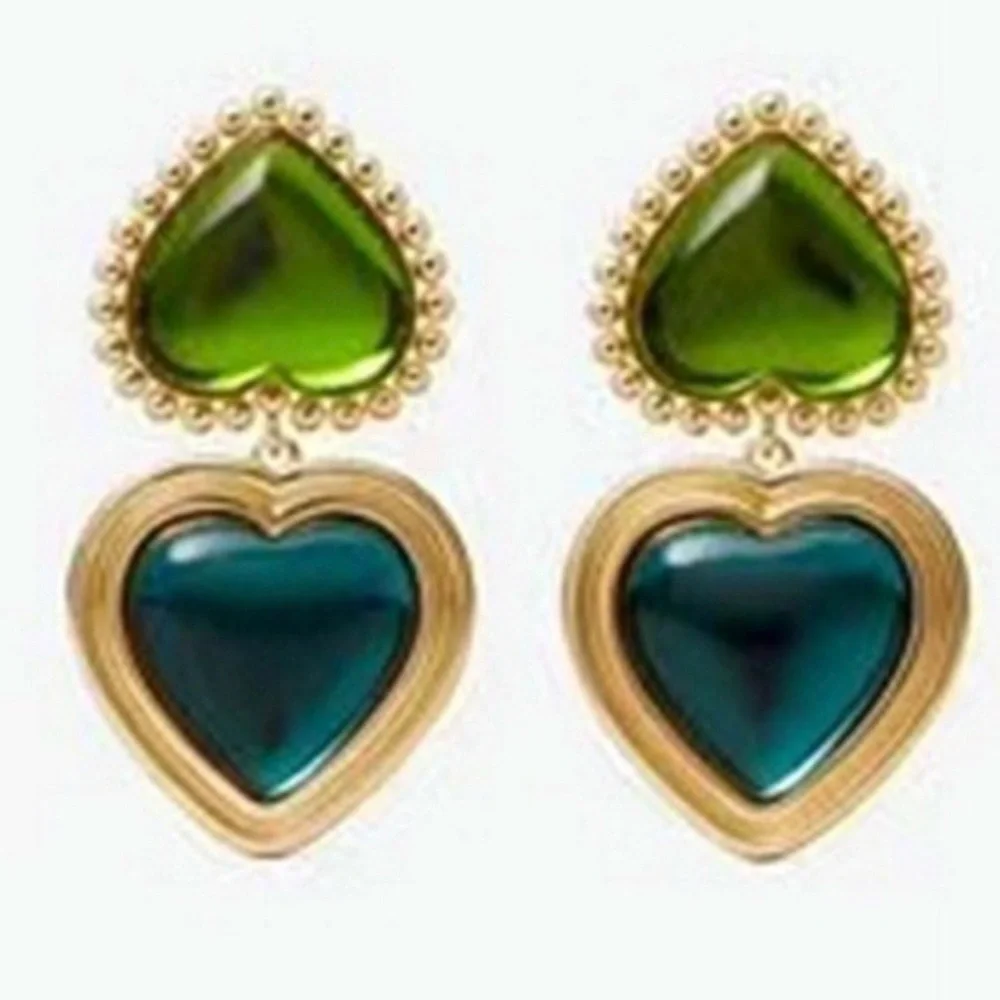 NEW Tory Burch Green & Blue heart drop clip-on earrings